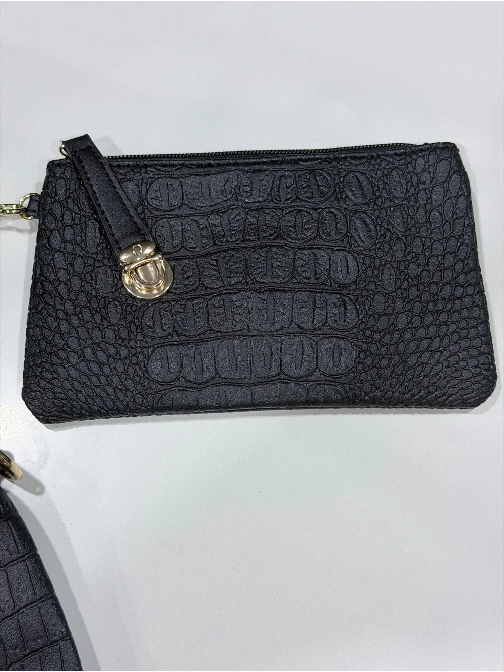 Structured Croc-Embossed Faux Leather Black Tote Bag with Gold Hardware - Picture 5 of 13